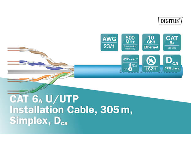 Kat 6a U/UTP kabel 500MHz AWG23/1 Blå,Dca,Halogenfri, eske à 305m 
